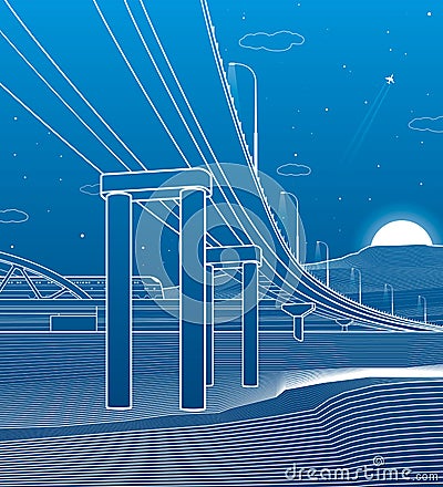 Outline road bridge. Car overpass. Train rides. Infrastructure illustration. Vector design art. White lines on blue background. Vector Illustration